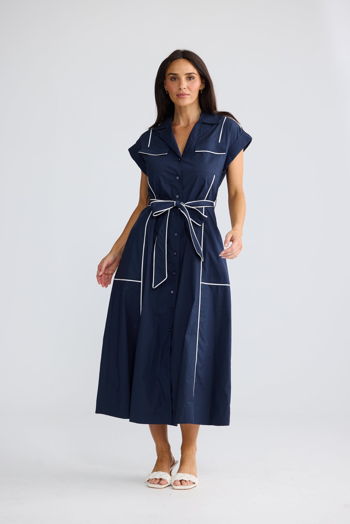Portia Short Sleeve Dress Navy W White