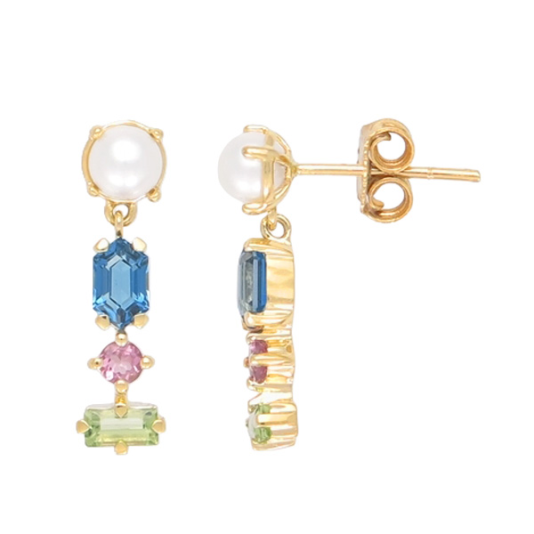 9ct Freshwater Pearl , London Blue Topaz , Pink Tourmaline & Peridot Drop Stud Earring