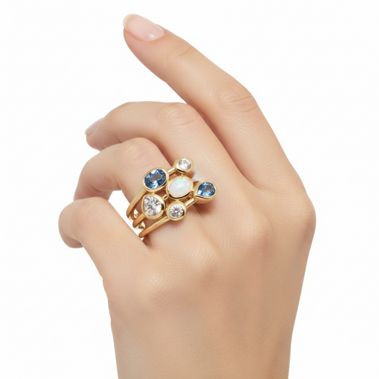 18ct Yellow Gold Plated Alloy White & Blue Multi Shape Bezel Ring