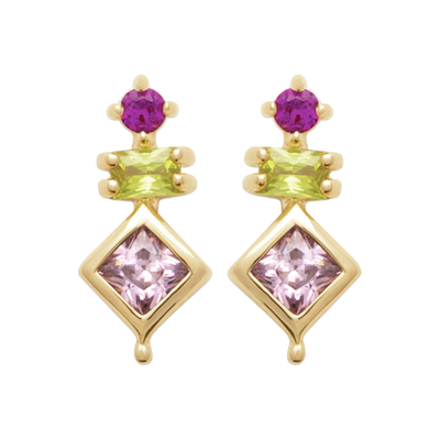 18CT Yelllow Gold Plated Purple & Light Green Multi Shape Stud Earring