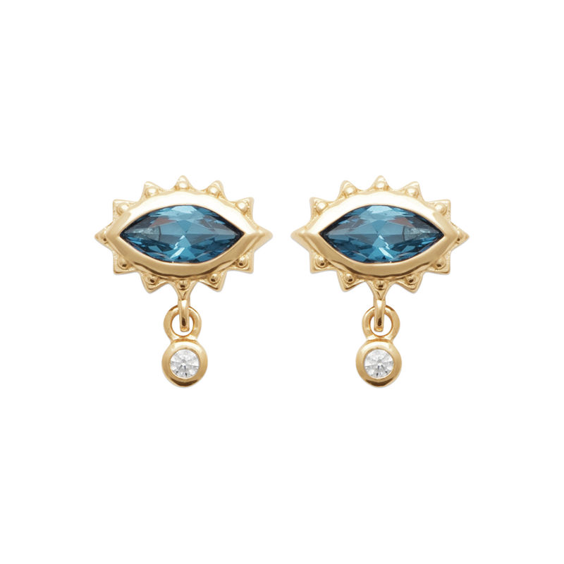 18CT Yellow Gold Plated Alloy Cubic Zirconia Blue Eye Bezel Drop Stud Earrings