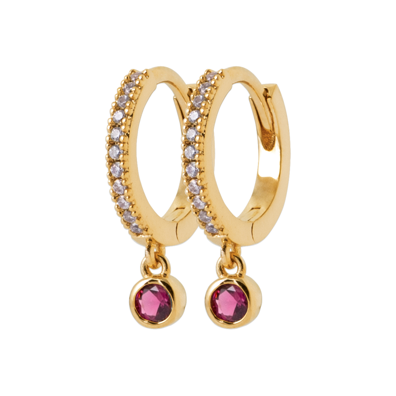Waterproof 18ct Yellow Gold Plated Alloy Cubic Zirconia Huggie Earrings with Pink Cubic Zirconia Bezel Drop Earrings
