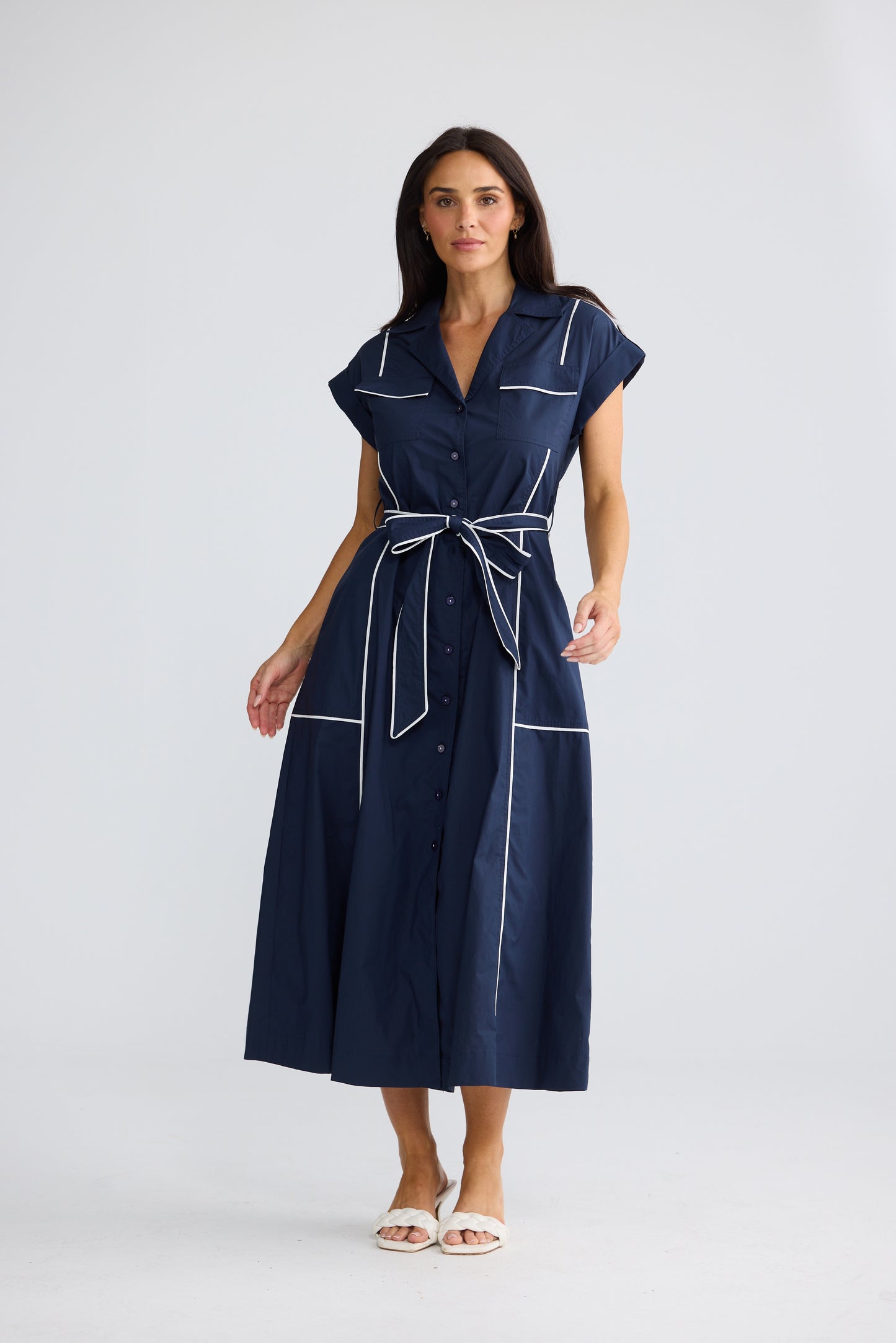 Portia Short Sleeve Dress Navy W White