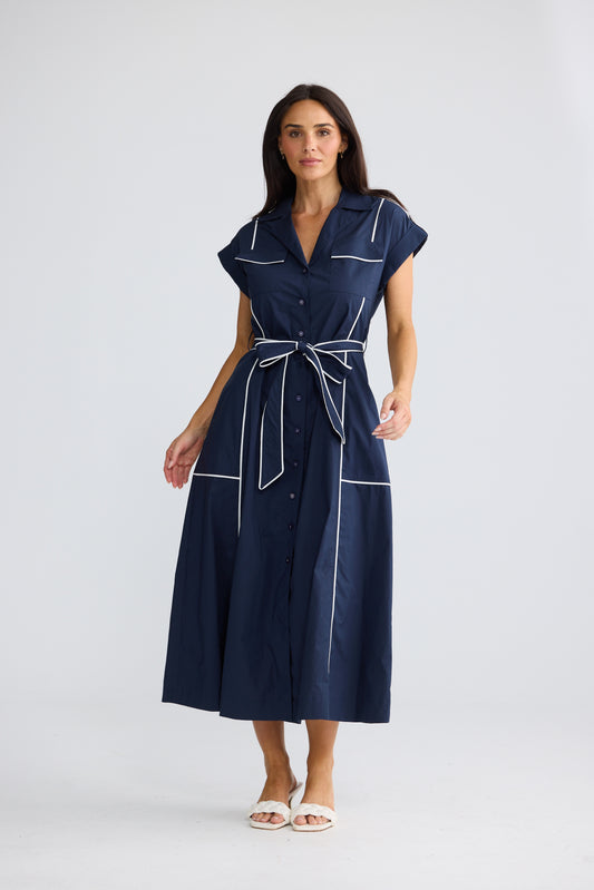 Portia Short Sleeve Dress Navy W White