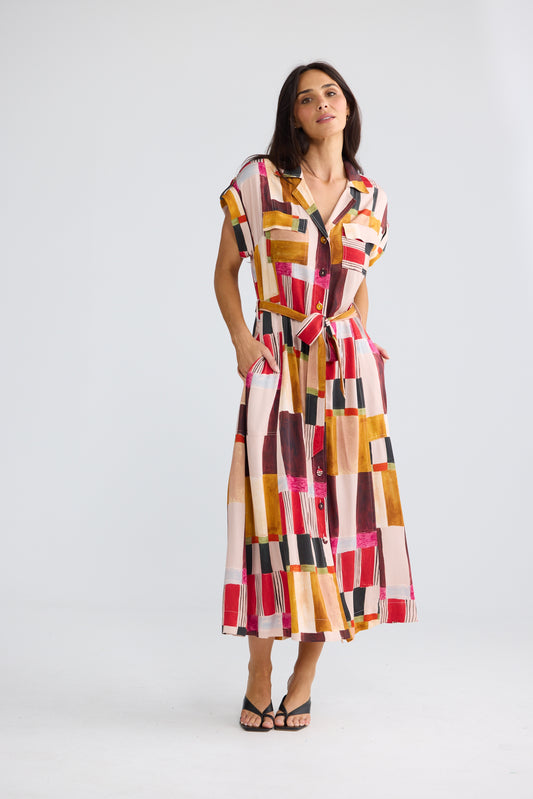 Portia Short Sleeve Dress Painterly  Geo