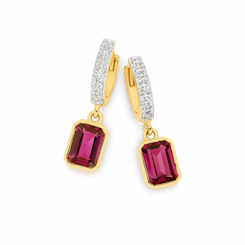 9ct YG Rhodolite & Natural  Diamond Emerald Cut Bezel Drop Hoop Earrings TDW=0.21ct