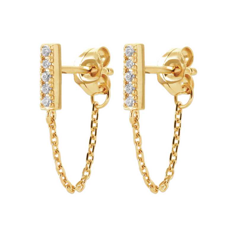 18CT Yellow Gold Plated Alloy Cubic Zirconia Bar/Chain Stud Earrings