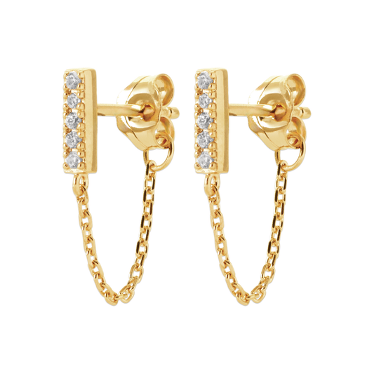 18CT Yellow Gold Plated Alloy Cubic Zirconia Bar/Chain Stud Earrings
