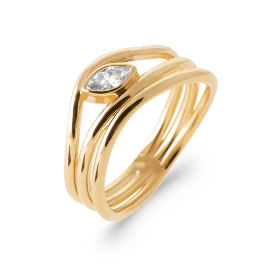 18ct Yellow Gold Cubic Zirconia Marquise Bezel Triple Wave Ring