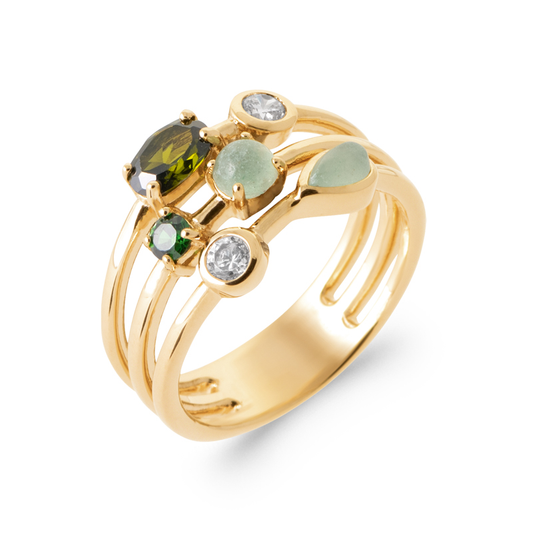 Gold ring with green gemstones with 18ct yellow gold plating on brass