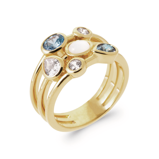 18ct YG Plated Alloy wht/Blu Multi Shape Bezel Ring F
