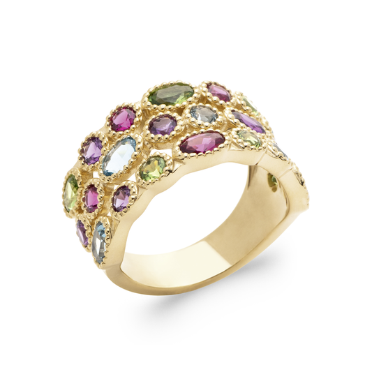 18CT Yellow Gold Plated Multi Colour/shape synthetic gemstone 3 row ring