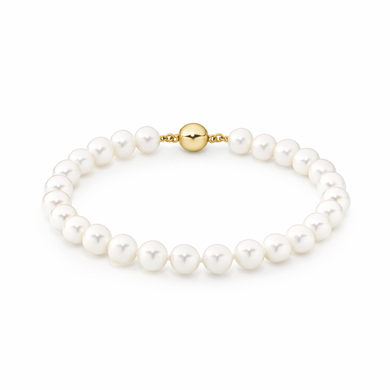 9 Carat Yellow Gold 6-6.5mm Freshwater Pearl  19cm Bracelet with  6mm Ball Clasp