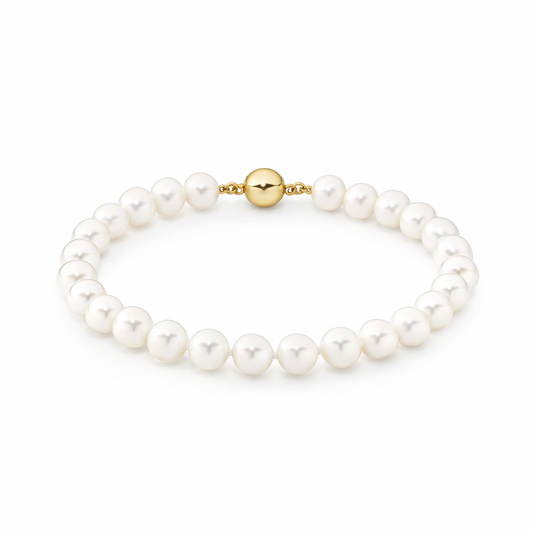 9 Carat Yellow Gold 6-6.5mm Freshwater Pearl  19cm Bracelet with  6mm Ball Clasp