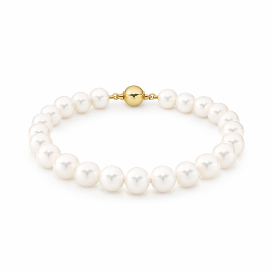 9 Carat Yellow Gold 8-8.5mm Freshwater Pearl   19cm Bracelet with  8mm yellow Gold Ball Clasp