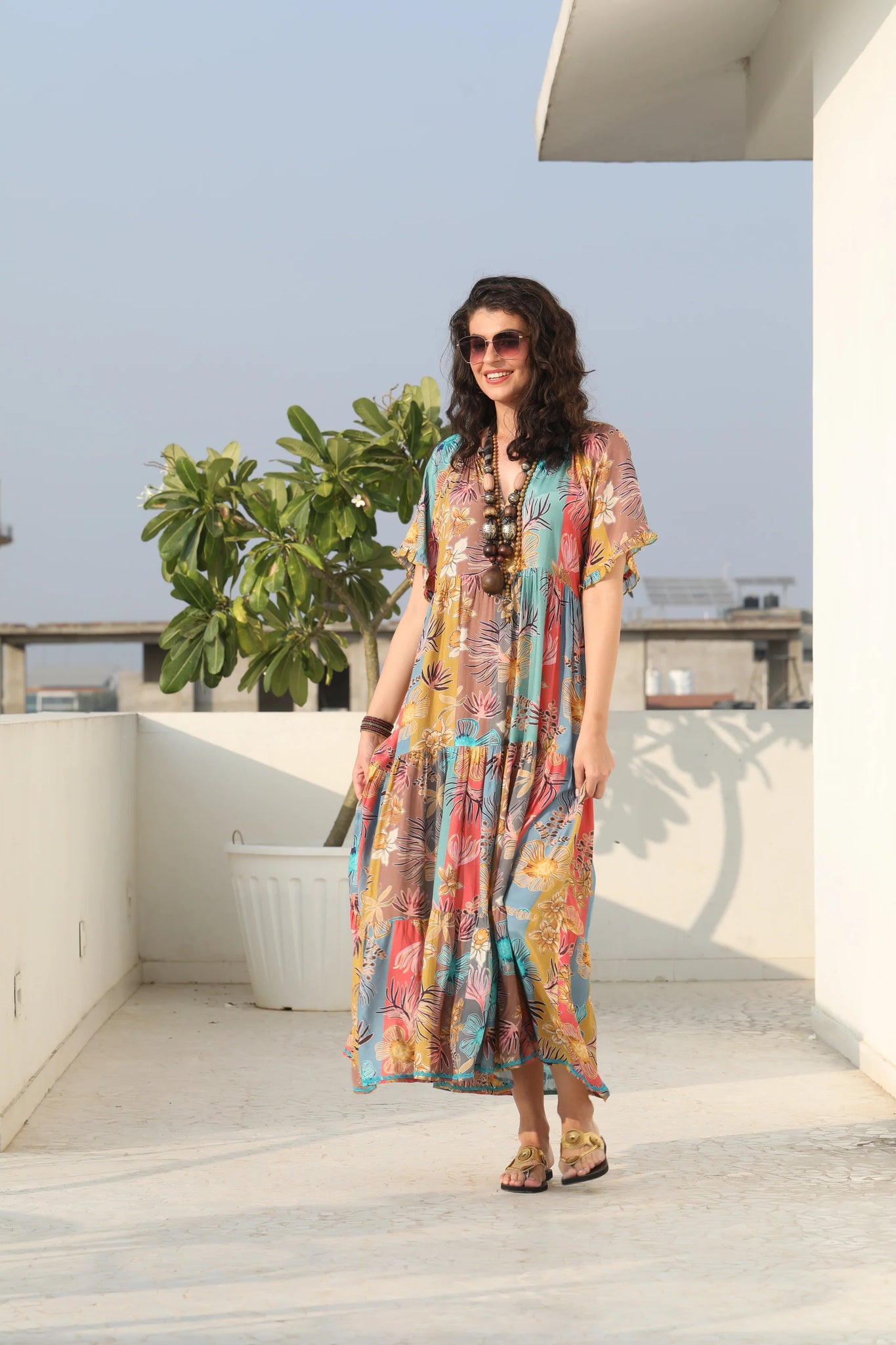 Naudic Amisha Short Sleeve Maxi Dress Chai Print