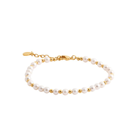18ct Yellow Gold Plated Synthetic  Pearl & Ball 18cm Bracelet