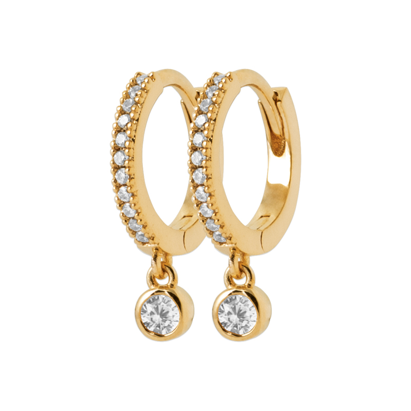Waterproof 18ct Yellow Gold  Plated Alloy Cubic Zirconia Round Brilliant Cut  Bezel Drop Claw Set Hoop Earrings
