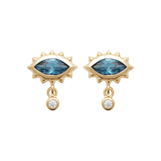 18CT Yellow Gold Plated Alloy Cubic Zirconia Blue Eye Bezel Drop Stud Earrings