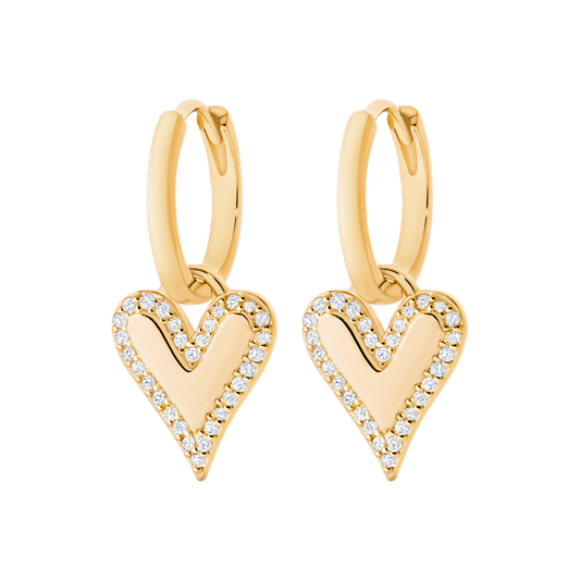 18CT Yellow Gold  Plated Alloy Cubic ZIrconia Edged Heart Drop Hoop Earrings