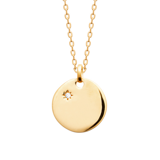 Waterproof 18ct Yellow Gold  Plated Alloy Cubic Zirconia Starburst 15mm Disc Necklet 45cm