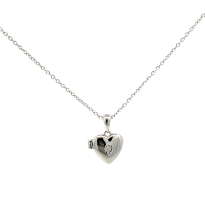 Sterling Silver 11mm  Polished Heart Locket w Cubic Zirconia Centre on 40+5cm Belcher Chain