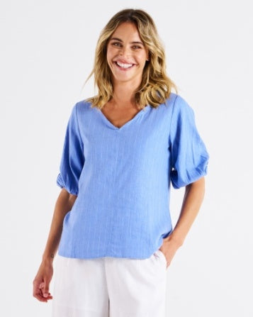 Elanora Linen Blouse Berry Blue Stripe