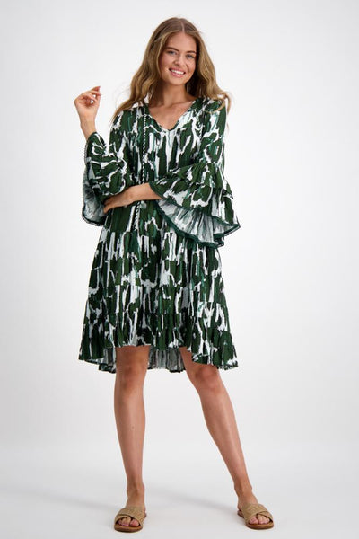 Naudic Lulu Long Sleeve Dress Meadow Print  Bottle Green